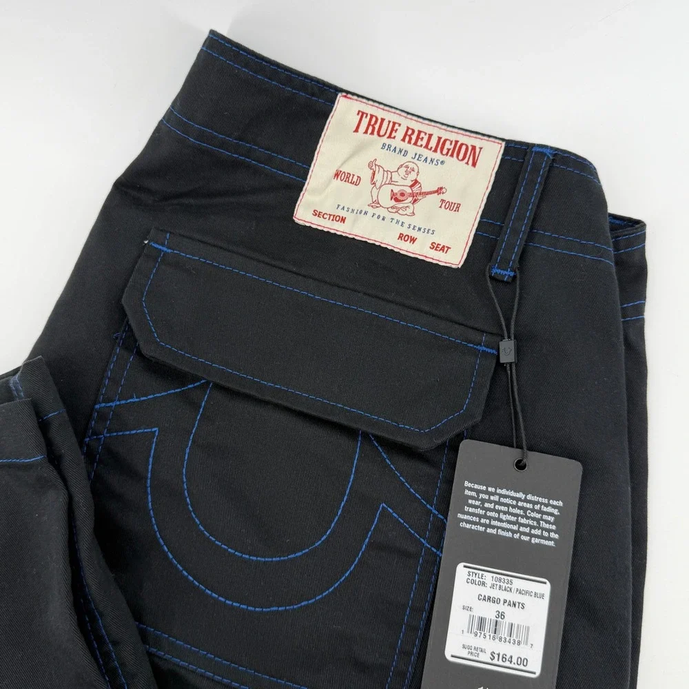 True Religion Mens Cargo Pants 36x32 Black Pacific Blue Contrast Stitch 108335